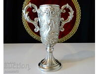 Tin goblet with a pair of doves, roses, wedding.