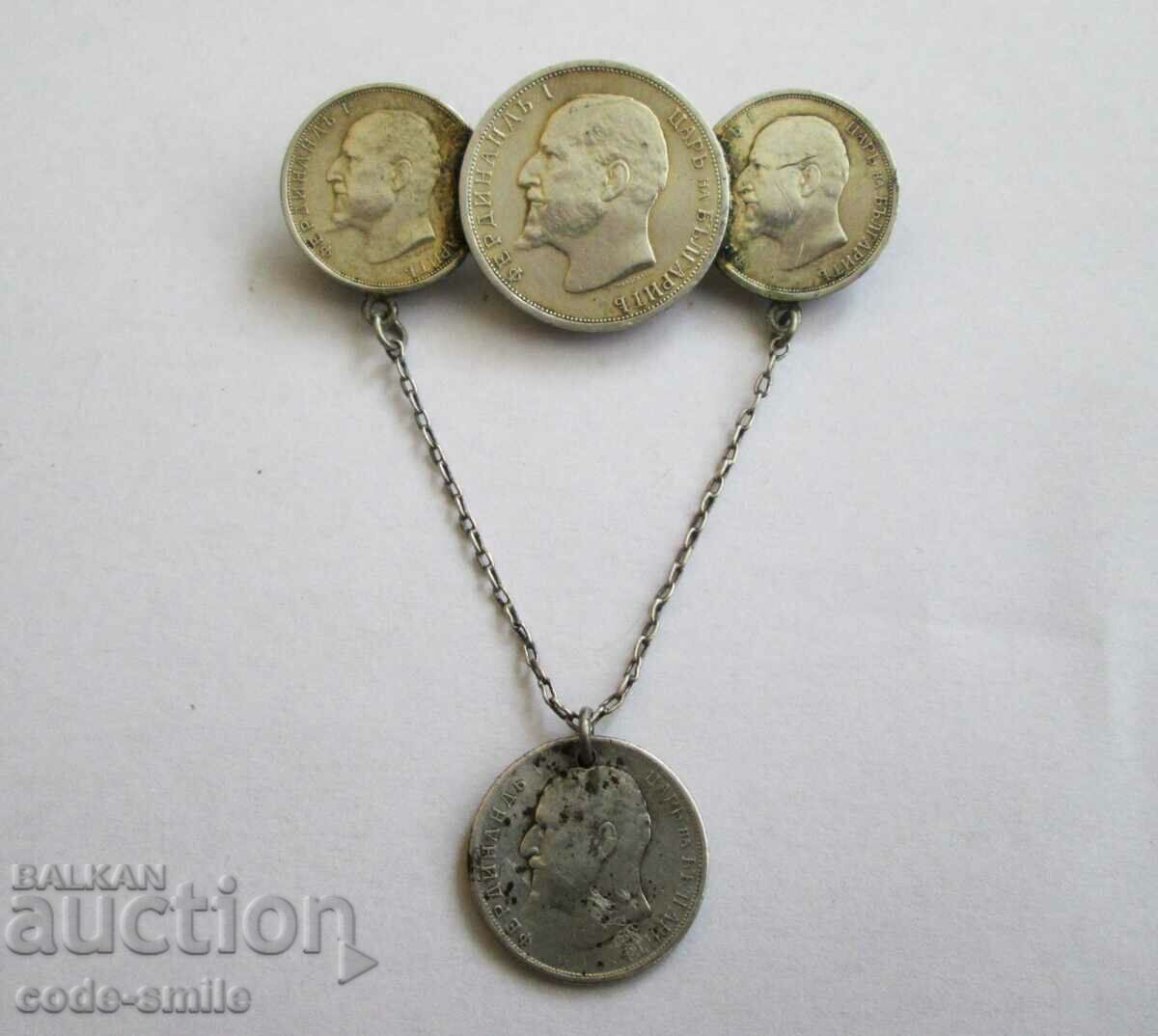 Old silver coin brooch Ferdinand Kingdom of Bulgaria