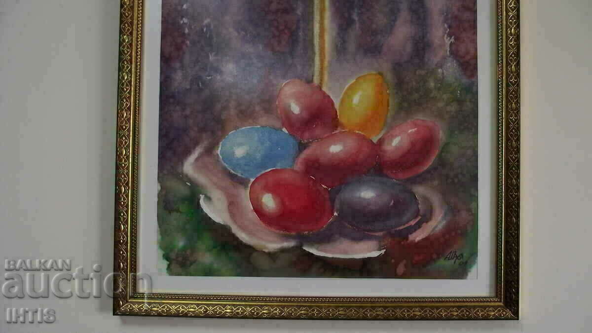 Доставка на СТАРА Картина - Акварел - Великден Великденски яйца -Отлична