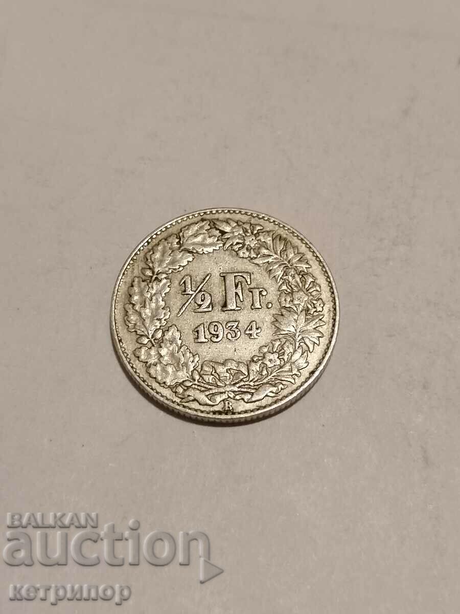 1/2 франк Швейцария 1934 г сребърни