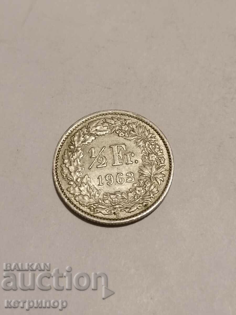 1/2 франк Швейцария 1963 г сребърни