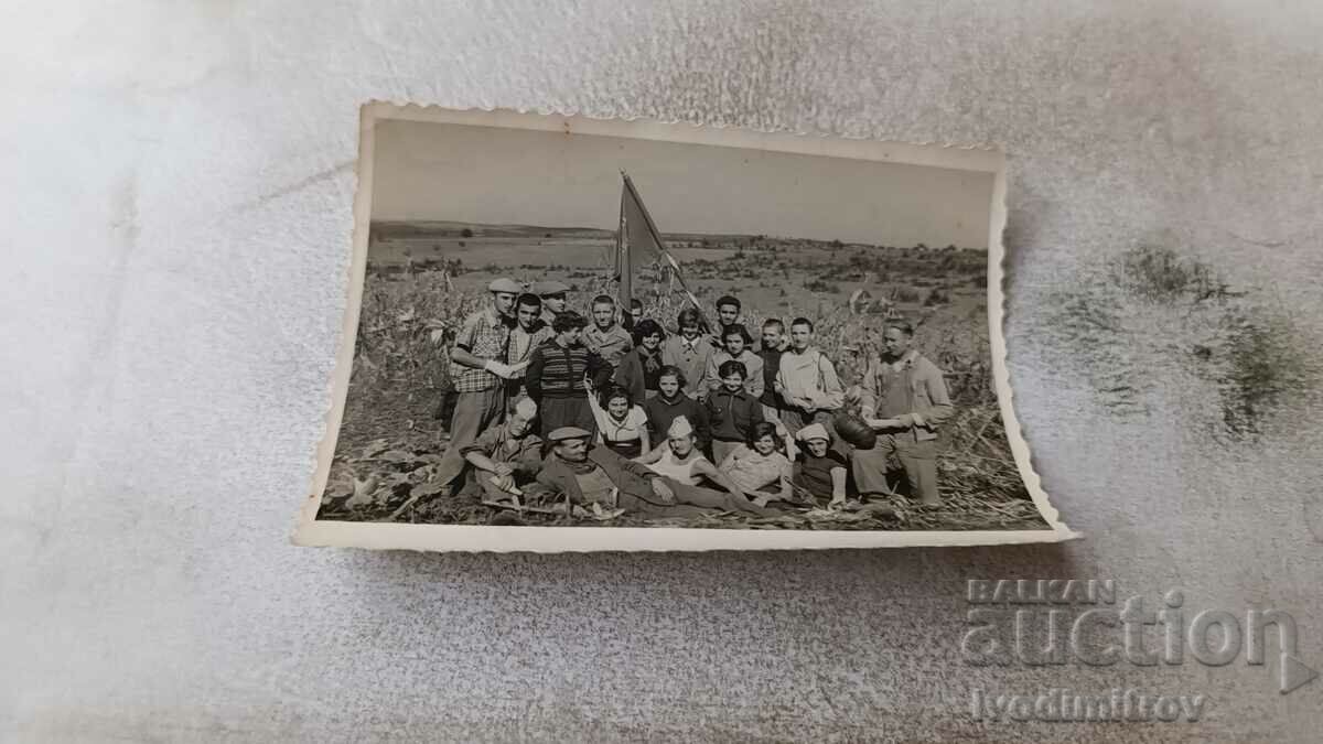 Photo Young men and women with a red flag in a cornfield