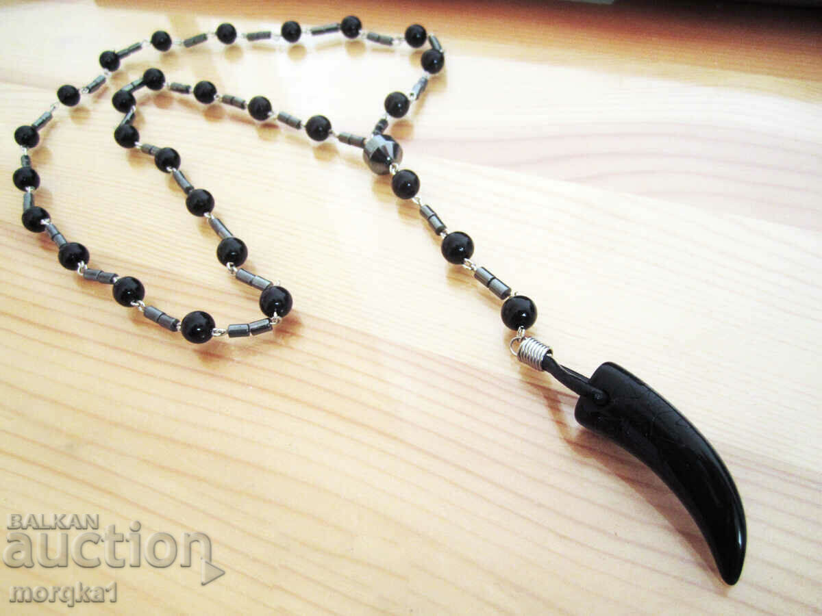 Rosary type necklace of natural Hematite with acrylic horn, tooth with price 11.00 BGN | € 5.62 Rosary type necklace of natural Hematite with acrylic horn, tooth with price 11.00 BGN | € 5.62