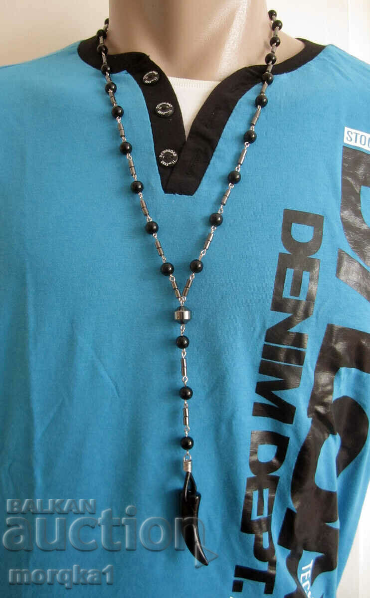 Auction Rosary type necklace of natural Hematite with acrylic horn, tooth Auction Rosary type necklace of natural Hematite with acrylic horn, tooth