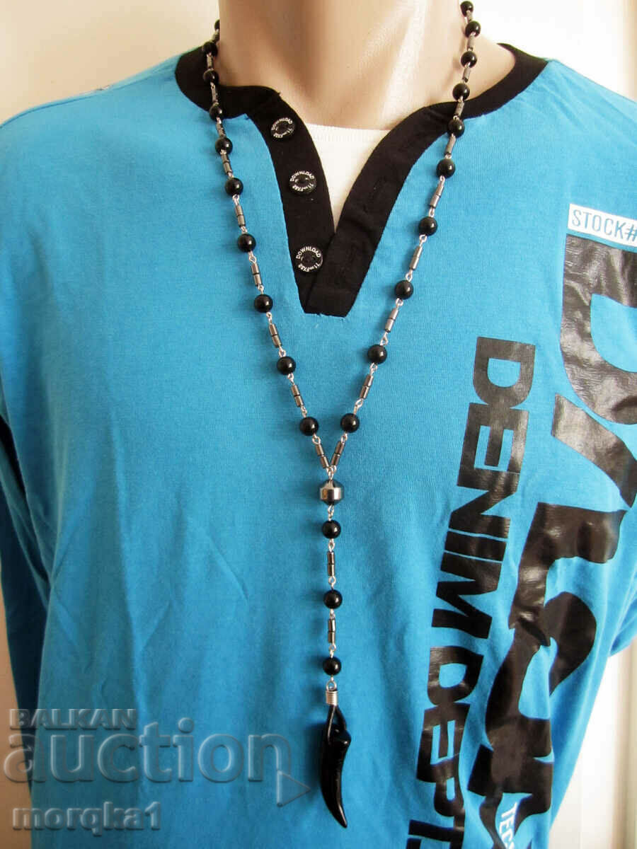 Rosary type necklace of natural Hematite with acrylic horn, tooth - 5 Rosary type necklace of natural Hematite with acrylic horn, tooth - 5