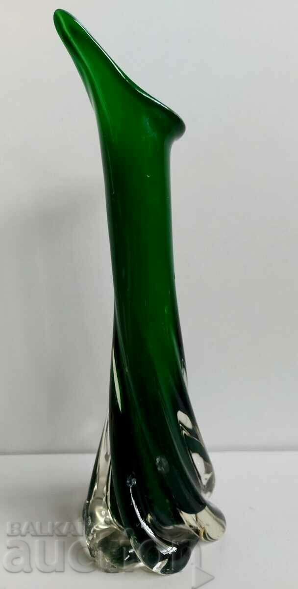 HEAVY SOLID GREEN VASE WITH 2-3 SMALL SOCKETS IN THE BASE