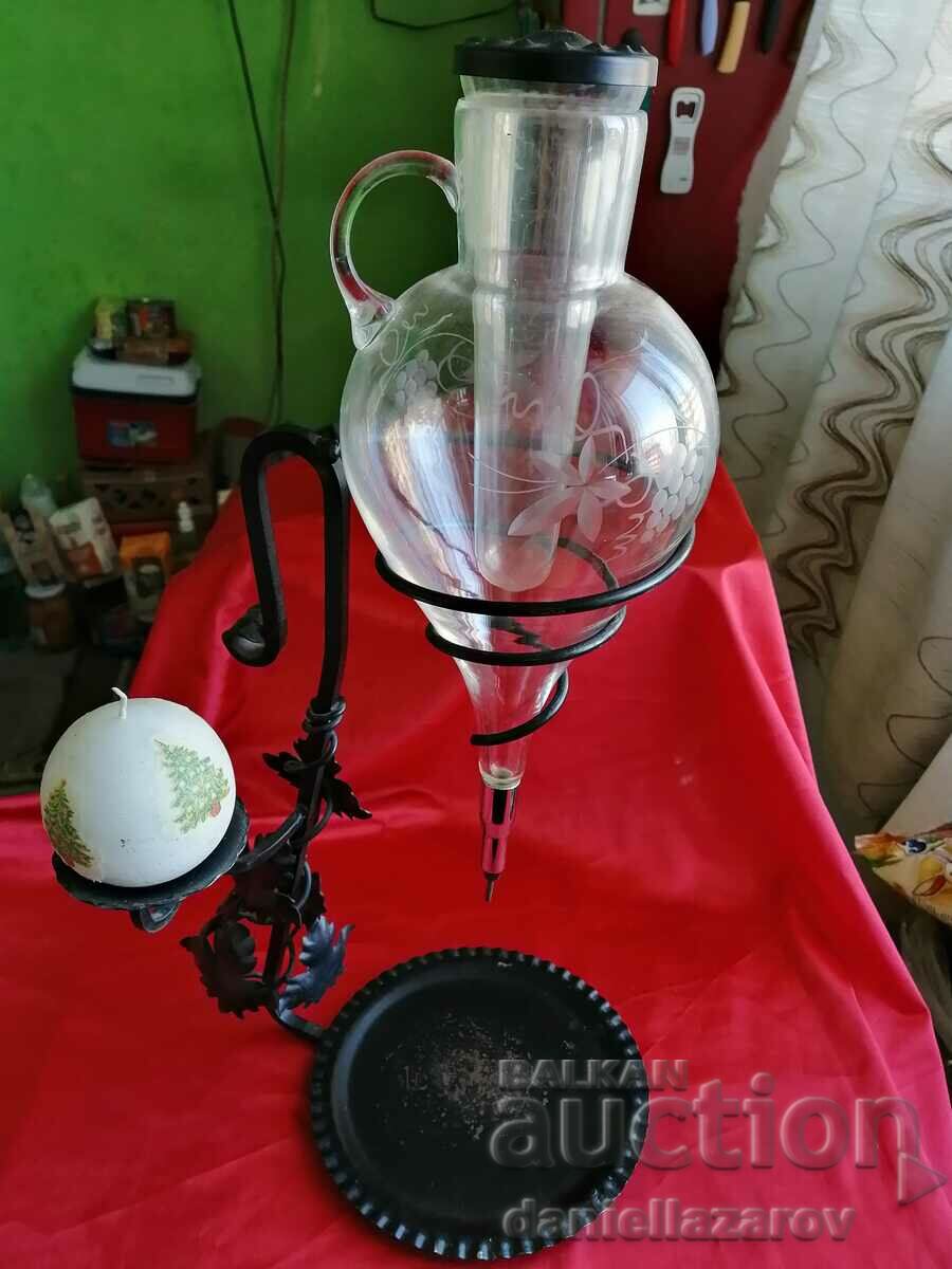 Old Wrought Iron Wine Table Decanter with Candlestick