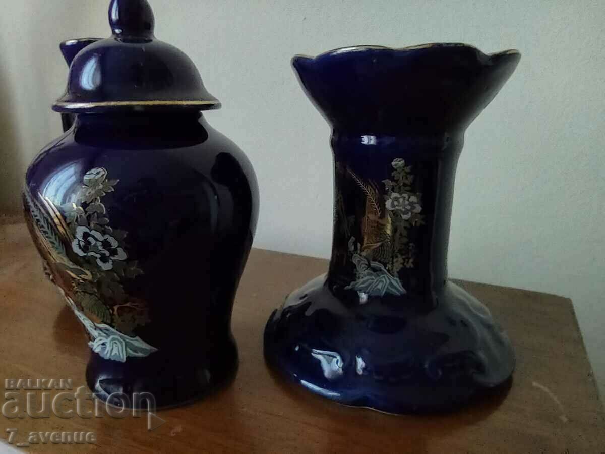 Vase, pot with lid and candlestick, blue porcelain, DjVk with price 80.00 BGN | € 40.90