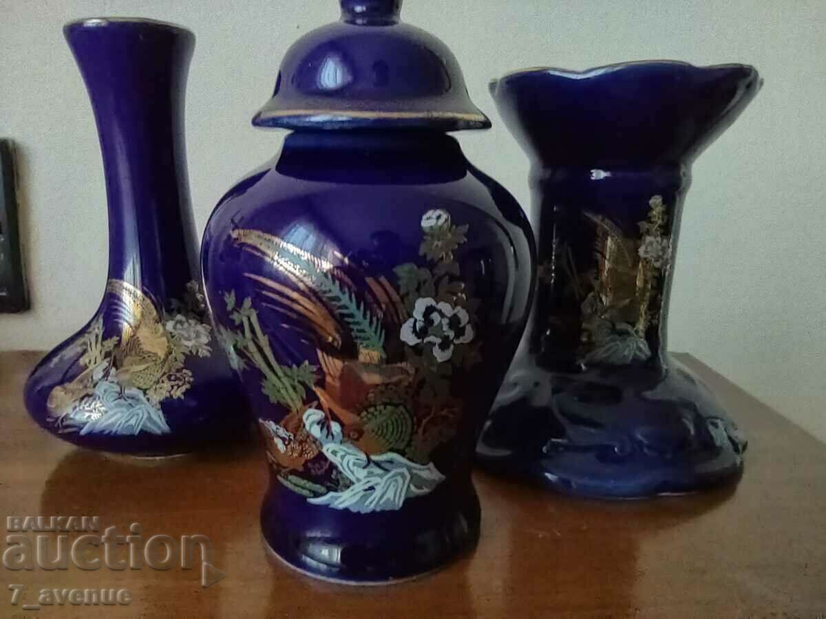 Auction  Vase, pot with lid and candlestick, blue porcelain, DjVk