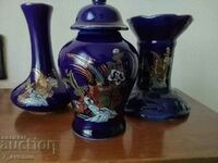 Vase, pot with lid and candlestick, blue porcelain, DjVk
