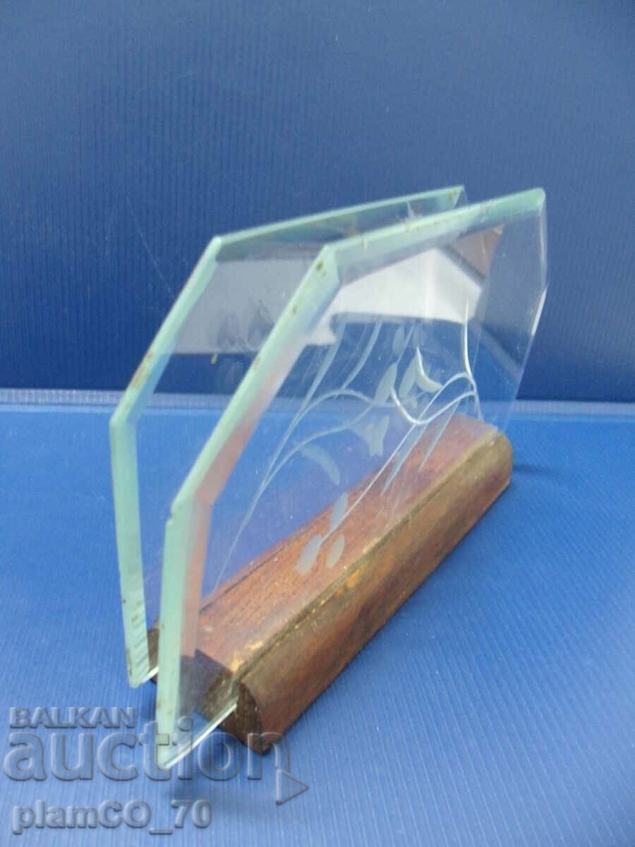 No.*6914 old napkin holder - wood, glass - engraved ornaments with price 8.00 BGN | € 4.09