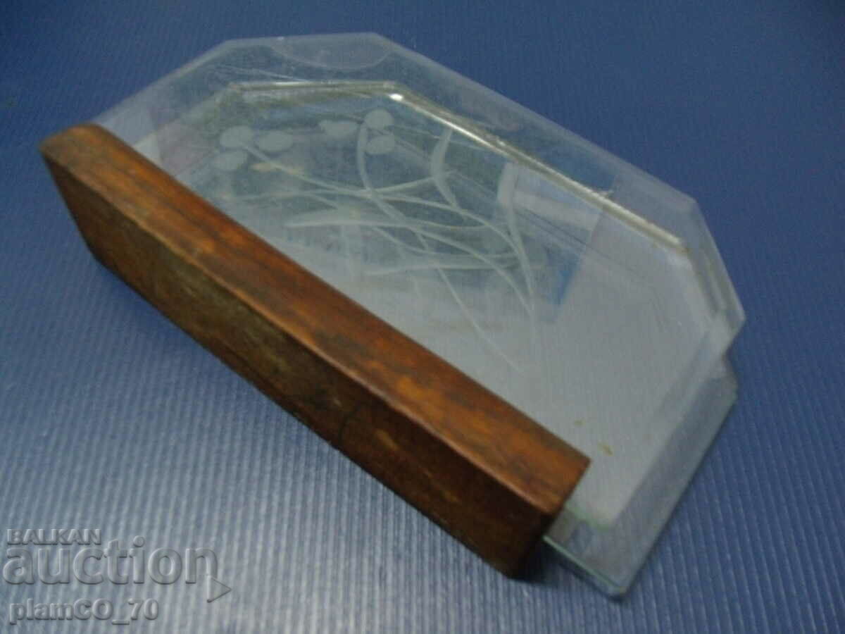 Auction  No.*6914 old napkin holder - wood, glass - engraved ornaments