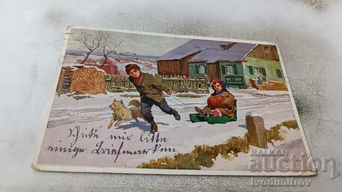 Carte poștală Băiat și fată cu o sanie și un câine în iarna anului 1922