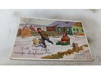 Postcard Boy and girl with a sled and a dog in the winter of 1922