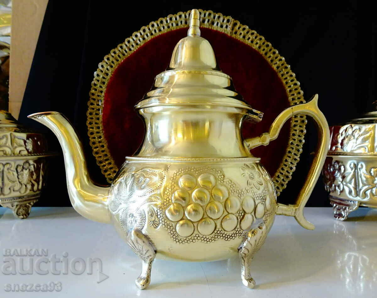 Moroccan teapot, jug, brass, marked.