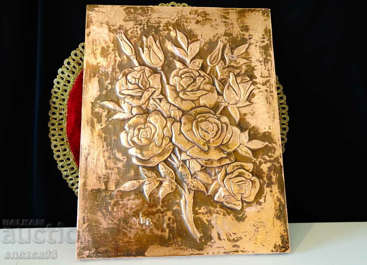 Delivery of Copper panel Roses, relief copper painting, signed Delivery of Copper panel Roses, relief copper painting, signed