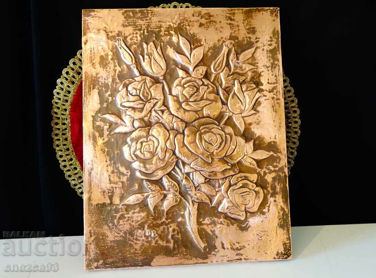 Copper panel Roses, relief copper painting, signed Copper panel Roses, relief copper painting, signed