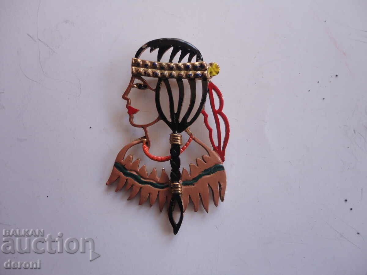 Antique Gold Plated Native American Enamel Marked Brooch - 6 Antique Gold Plated Native American Enamel Marked Brooch - 6