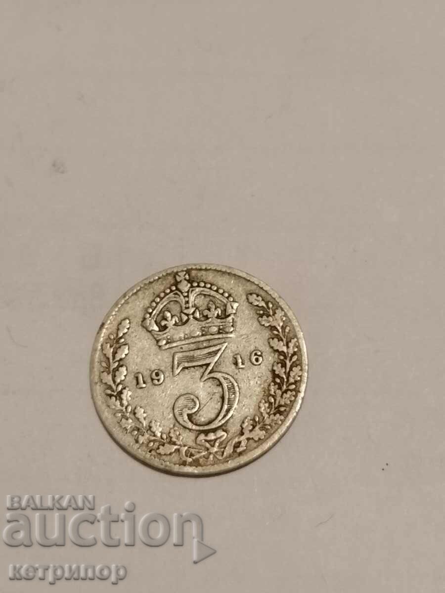 3 pence 1916 Marea Britanie argint