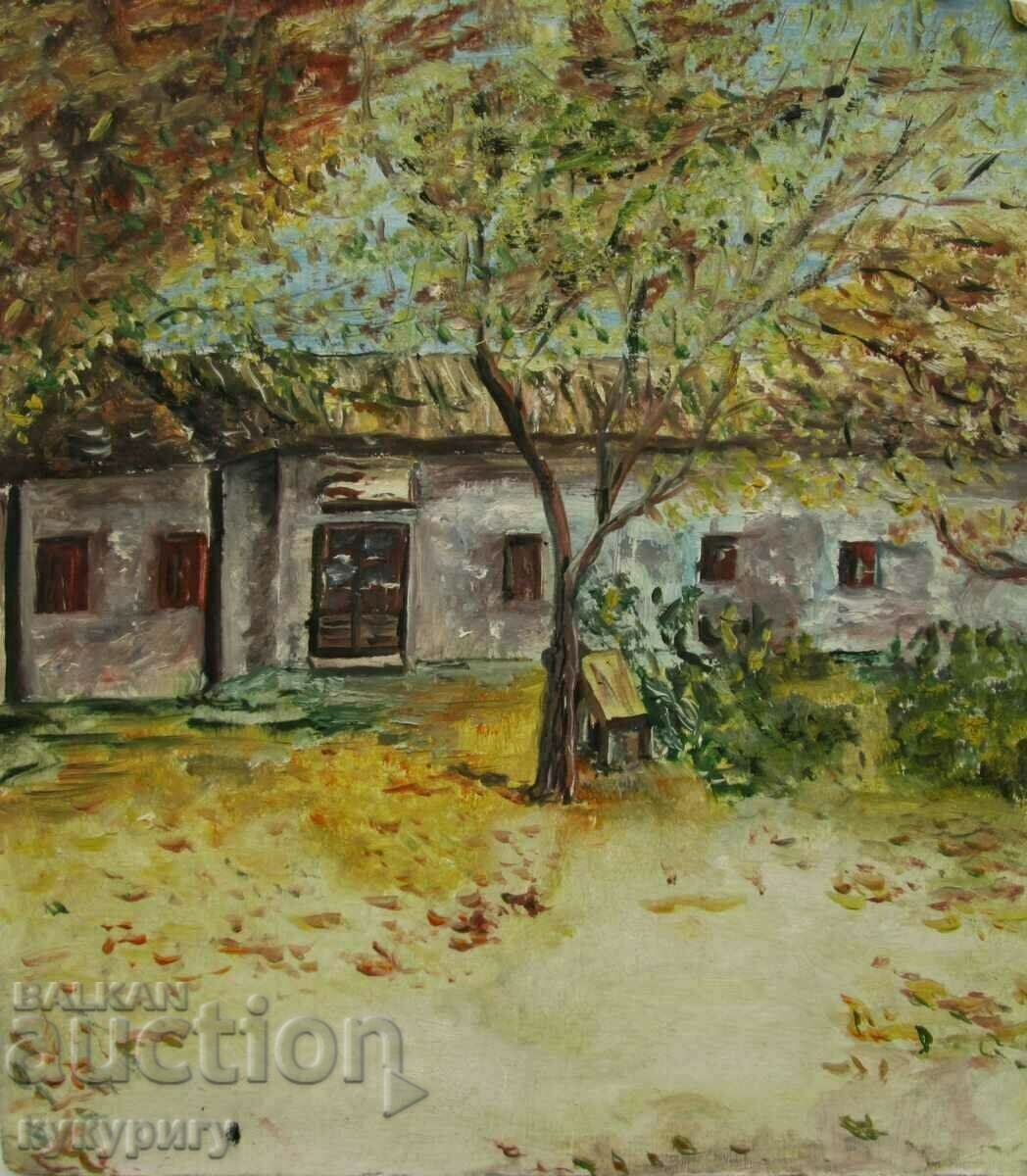 Стара картина рисунка селски двор пейзаж неподписана