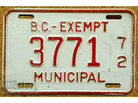 Canadian License Plate BRITISH COLUMBIA 1972