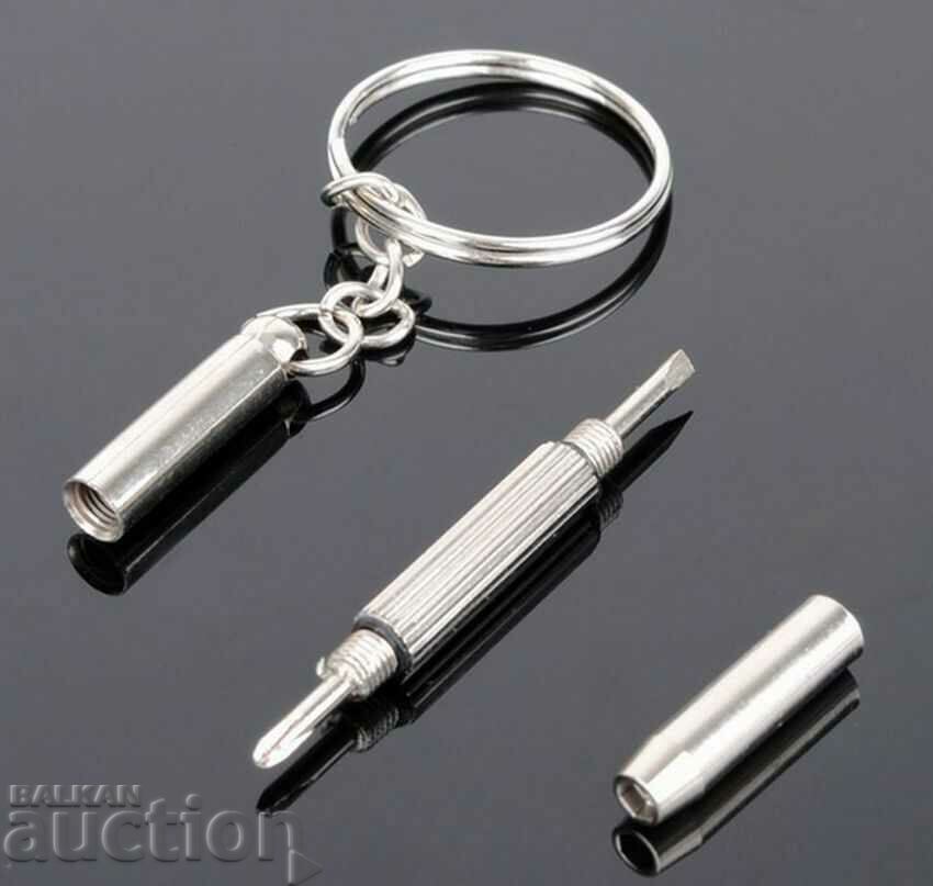 Livrarea O șurubelniță mică pe un inel de chei îndreptă crucea și hexagonal Livrarea O șurubelniță mică pe un inel de chei îndreptă crucea și hexagonal