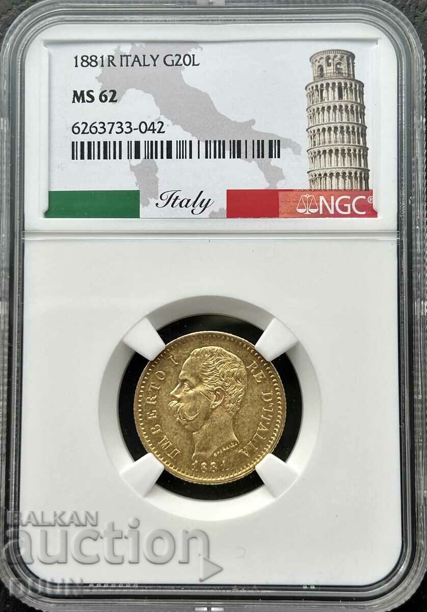 20 LIRE 1881 R ITALIAN MS 62