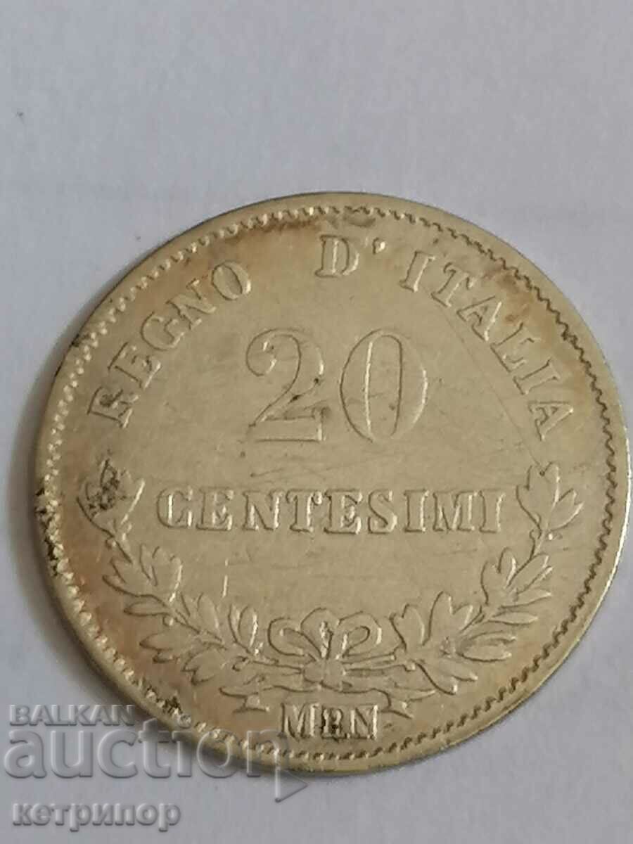 Италия 20 чентезима 1863 г. Сребърна M BN