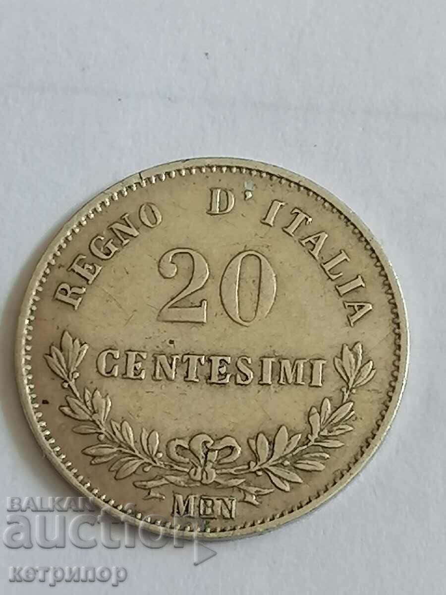 Италия 20 чентезима 1863 г. Сребърна M BN