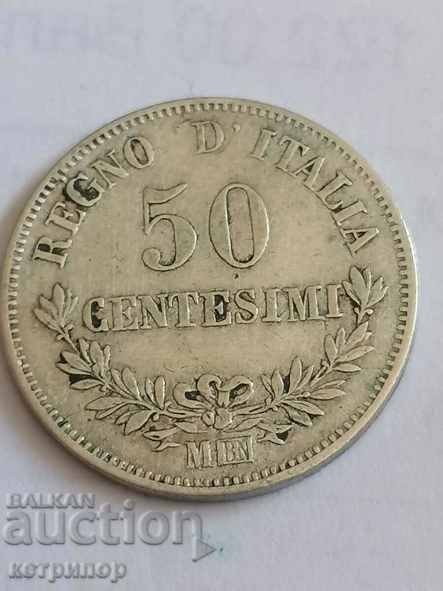 Италия 50 чентезима 1863 г. Сребърна M BN