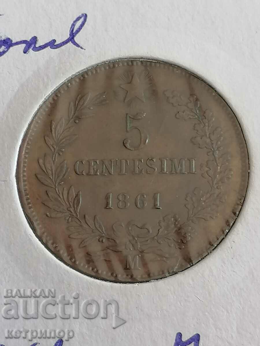 Италия 5 чентезима 1861 г. Медна M