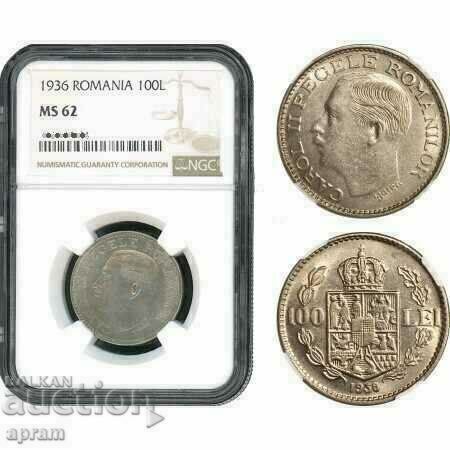 Румъния, Карол II, 100 леи 1936 г., монетен двор Букурещ, NG