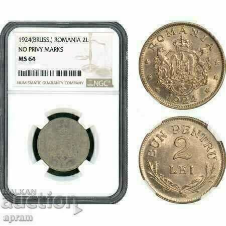 Romania, Ferdinand, 2 lei 1924.MS64 Romania, Ferdinand, 2 lei 1924.MS64