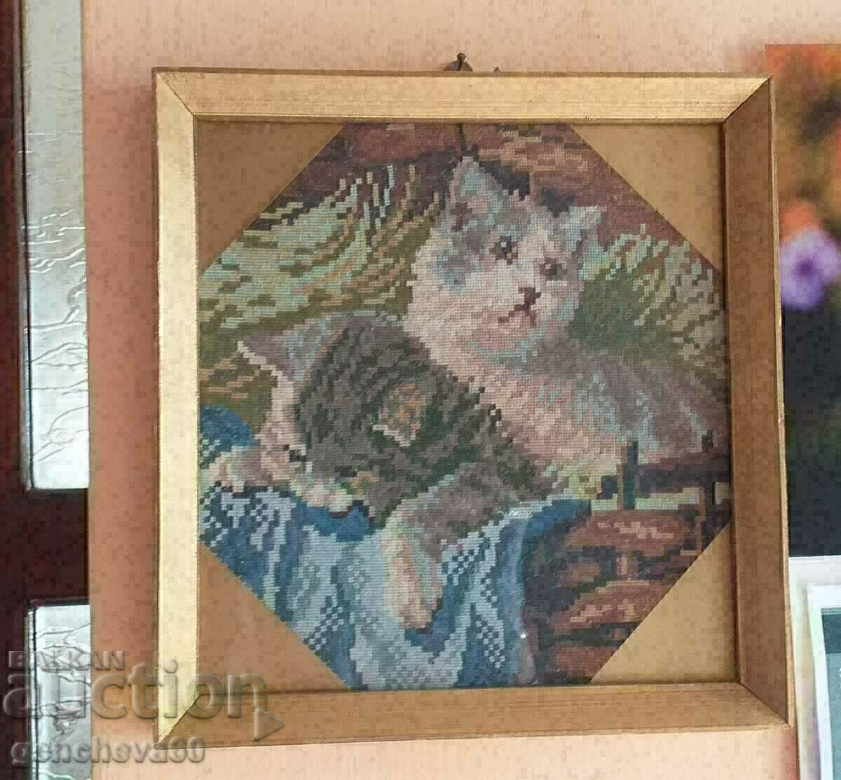 Goblen de calitate „Pisici”, ramă, sticlă, cusătură măruntă - 6