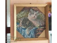 Cadru frumos și tapiserie din sticlă „Pisici”/cusătură fină