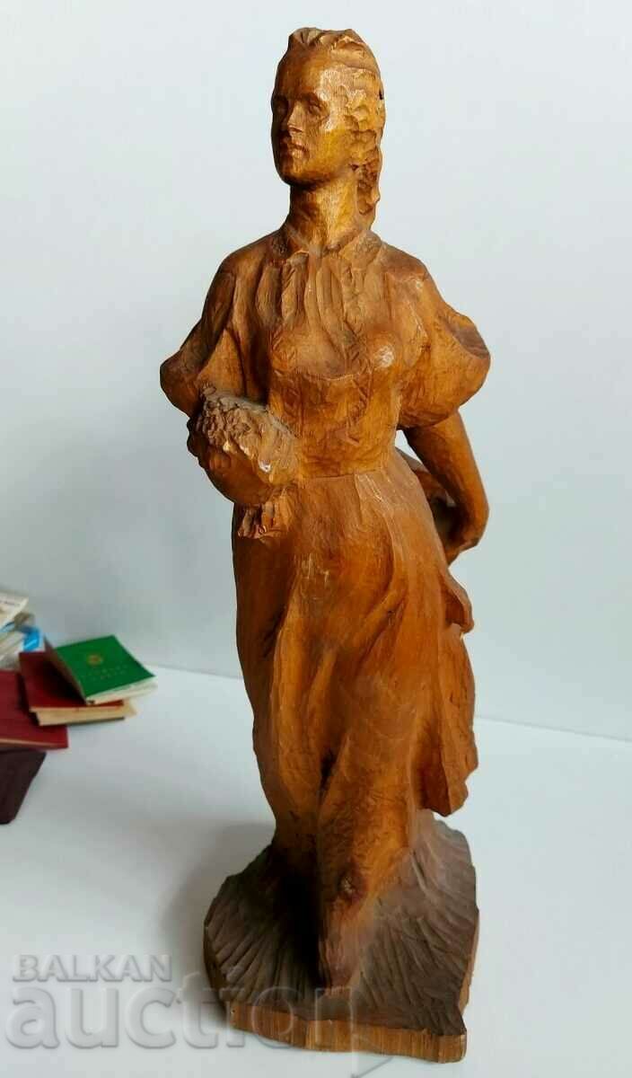 LARGE FIGURE WOMAN IN FOLK COSTUME STATUETTE CARVING
