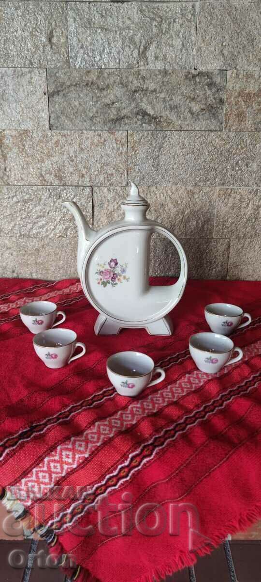 OLD BULGARIAN PORCELAIN SERVICE FOR HEATED BRANDY - 5 OLD BULGARIAN PORCELAIN SERVICE FOR HEATED BRANDY - 5