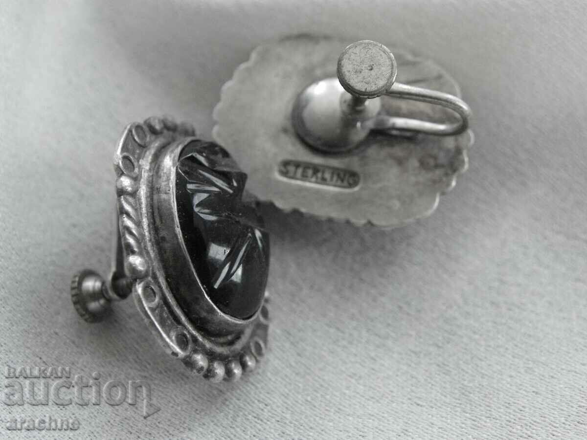 Livrarea Cercei cu incrustații de obsidian mexican din argint antic