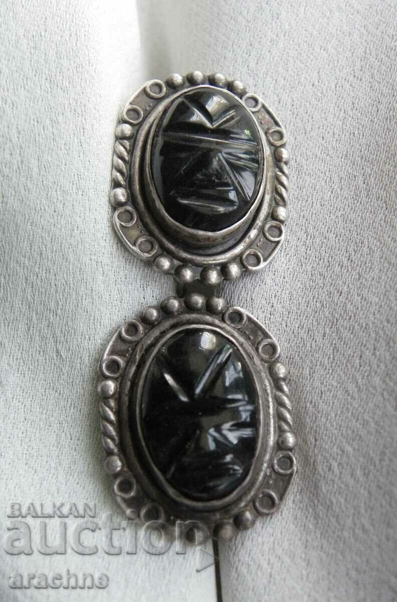 Antique Silver Mexican Obsidian Inlaid Earrings