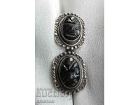 Antique Silver Mexican Obsidian Inlaid Earrings