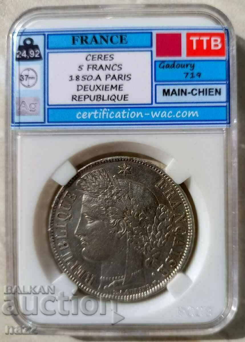 Γαλλία 5 Φράγκα 1850 Α / Ασήμι