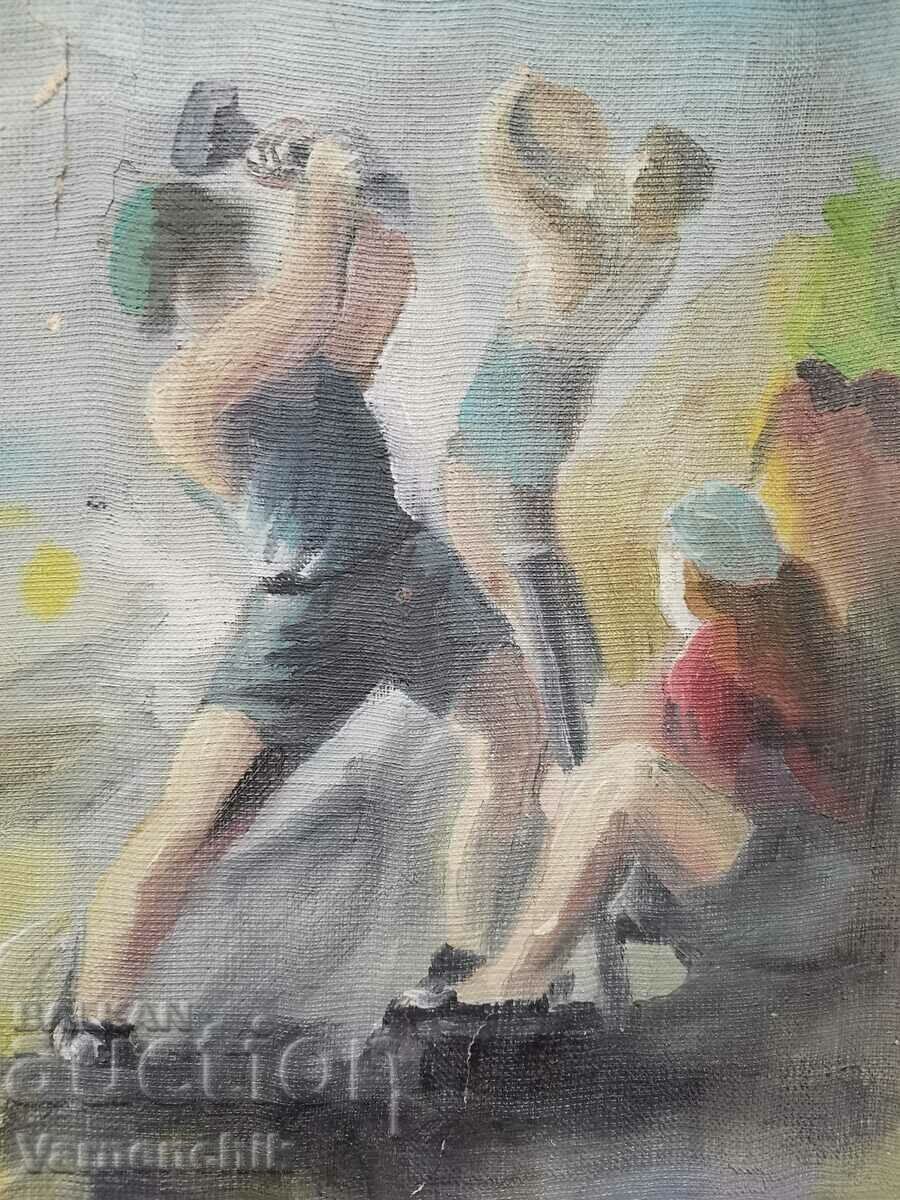 Auction 1960. Signed and dated oil painting on cardboard Auction 1960. Signed and dated oil painting on cardboard