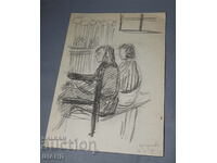 1959 Master Drawing Pencil painting of women on a bench