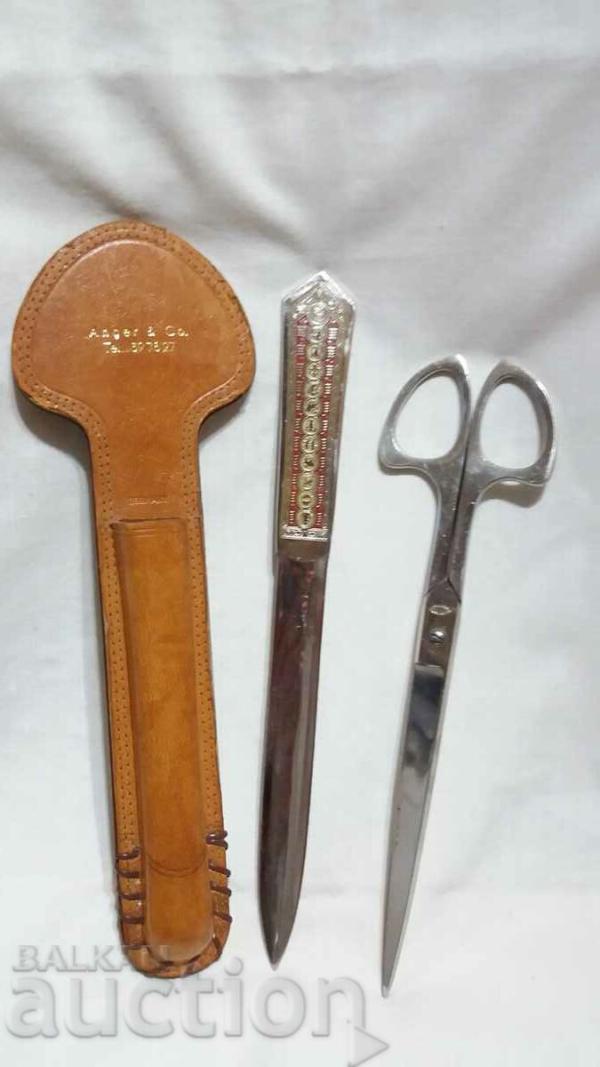 Ретро комплект ножица и нож за писма в кожен калъф--Germany