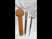 Vintage scissors and letter knife set in leather case--Germany