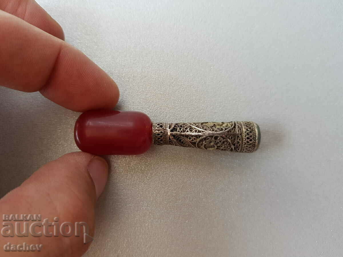 Renaissance cigarette silver filigree and red amber Damar - 5