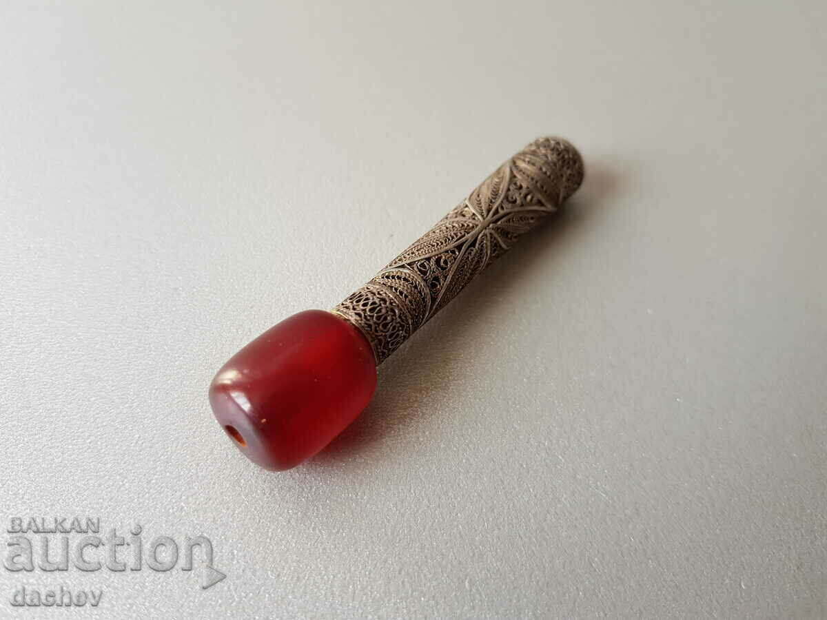 Auction Renaissance cigarette silver filigree and red amber Damar Auction Renaissance cigarette silver filigree and red amber Damar