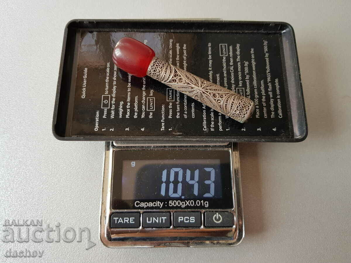 Възрожденско цигаре сребро филигран и червен кехлибар Дамар