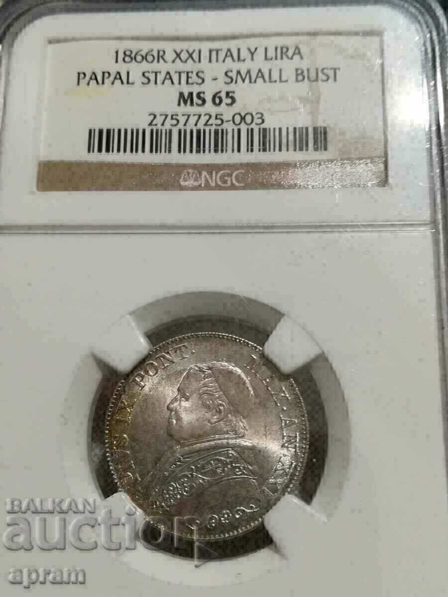 Auction 1 lira 1866.Vatican.MS65.Vatican,Vatican. Auction 1 lira 1866.Vatican.MS65.Vatican,Vatican.