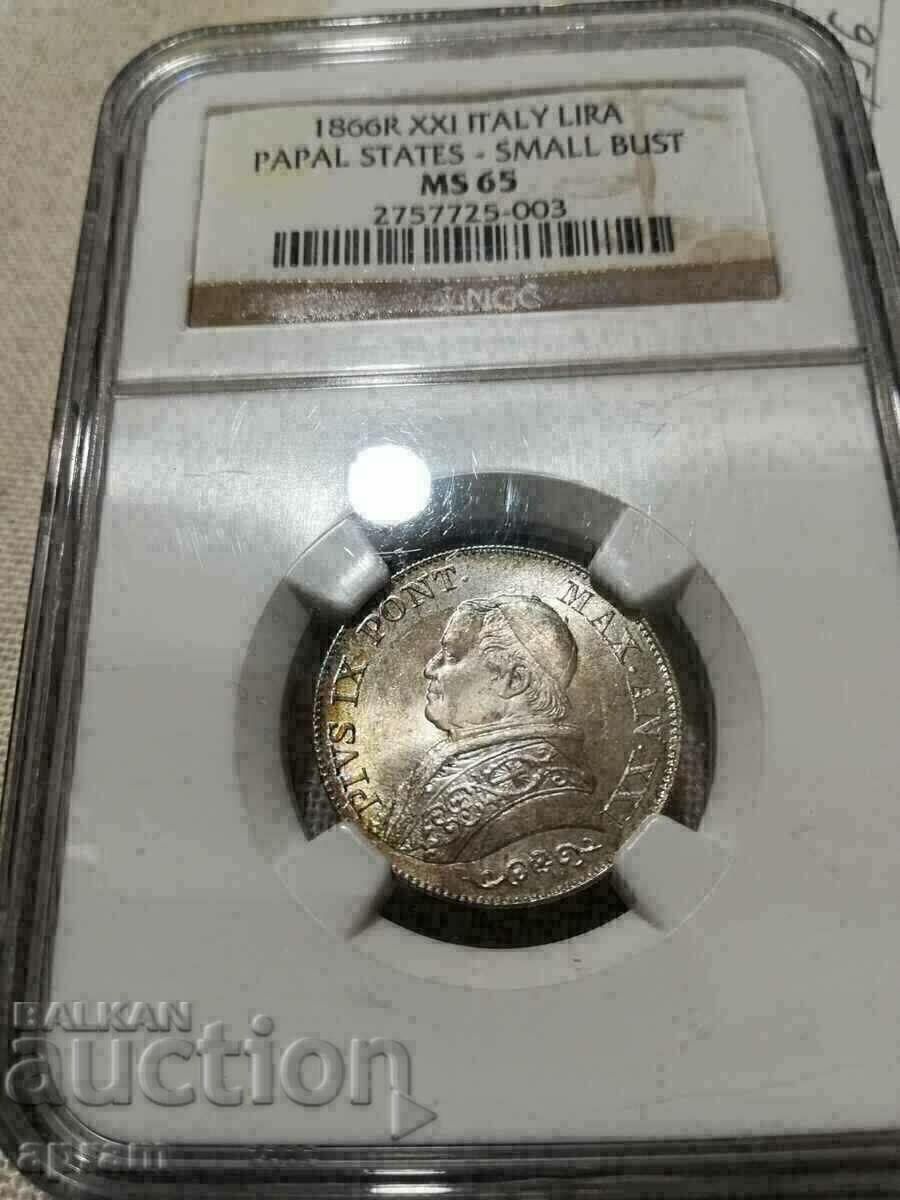 Delivery of 1 lira 1866.Vatican.MS65.Vatican,Vatican. Delivery of 1 lira 1866.Vatican.MS65.Vatican,Vatican.